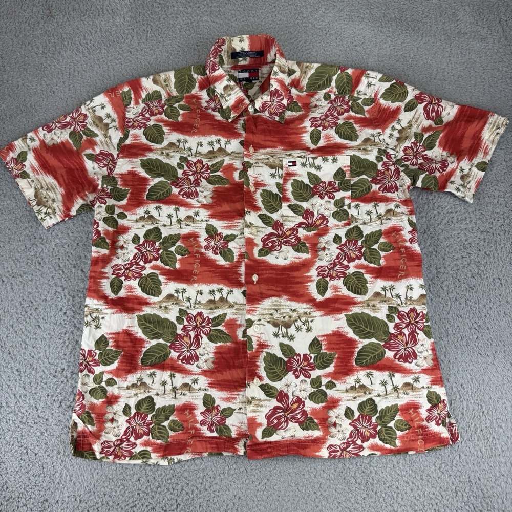Vtg Tommy Hilfiger Red Tropical Hawaiian Short Sleeve Button Front‎ Shirt M Y2k